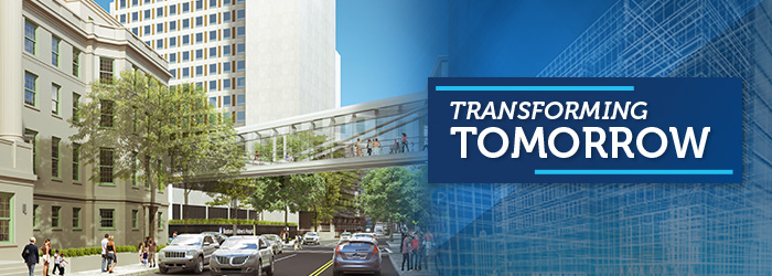 Transforming Tomorrow banner: Image shows cars on Longwood Avenue