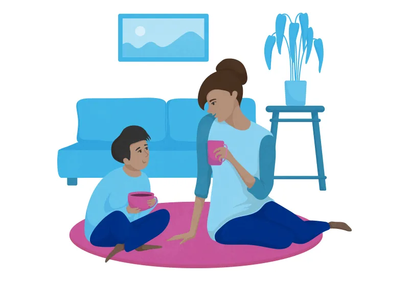 Illustration: Child and mother sit on small rug engaged in conversation
