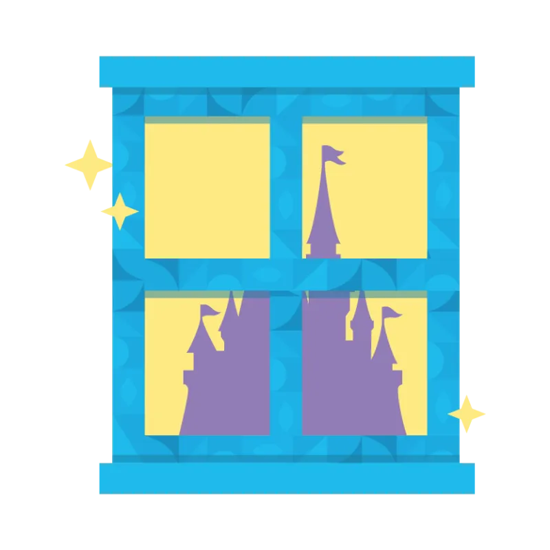 illustrated disney castle behind window