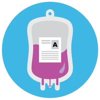 Illustration of a blood bag, labeled with the letter A, inside a circle