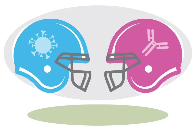 Two football helmets facing each other, one with a germ logo, one with an antibody logo.