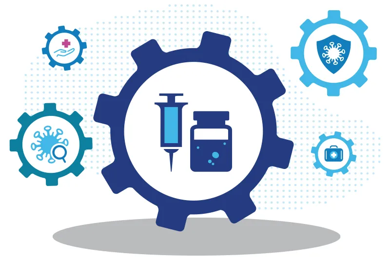 A vaccine needle and syringe, along with a vial carrying a vaccine, are surrounded by symbols of immunization and health.
