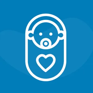 Icon: Oval shaped baby with binkie and a heart