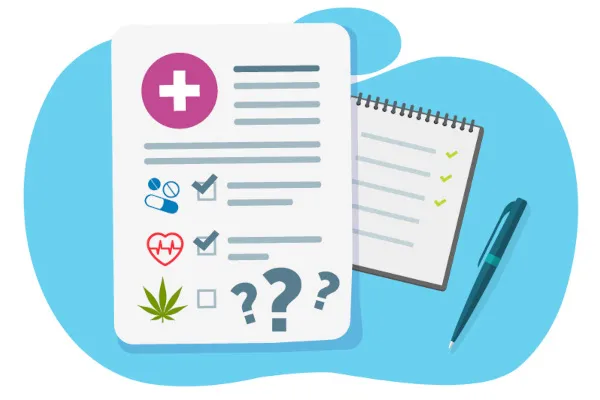 Illustration: Graphic shows fillable form, a notebook, a pen, against a blue cloud background