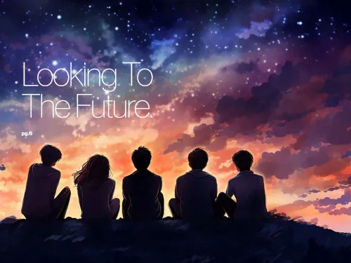 Cover of NPMSC Year in Review booklet "looking into the future" with silhouettes of children sitting on ground at sunset