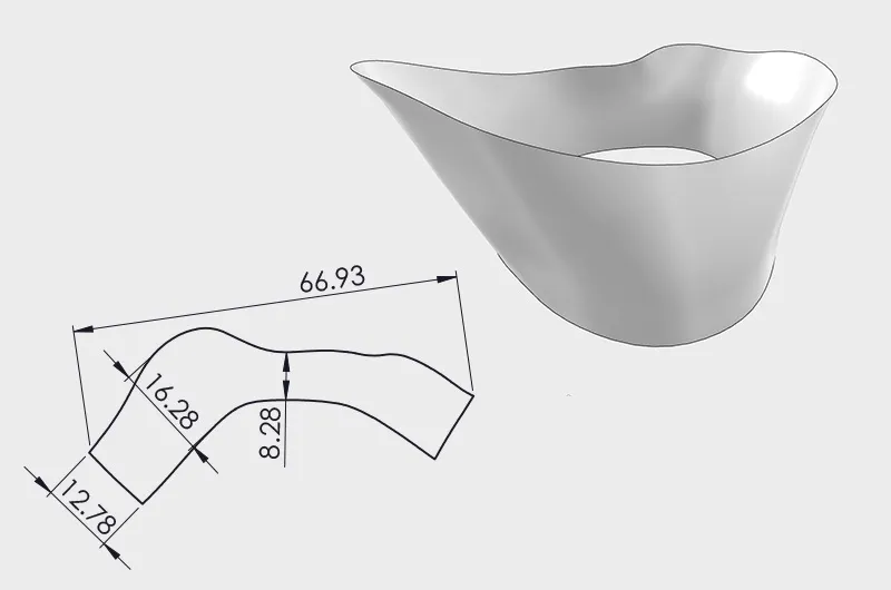 Cuff design flattened to cut from patch material (left), and cuff model in 3-D (right)