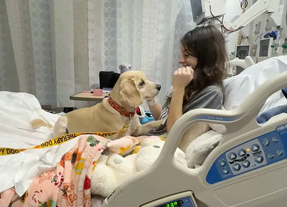 a girl in a hospital bed with a puppy