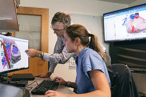 Two clinicians look at monitor displaying images of the heart