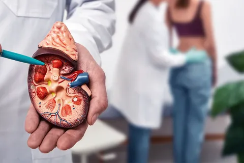 Clinician holds model of kidney in left hand